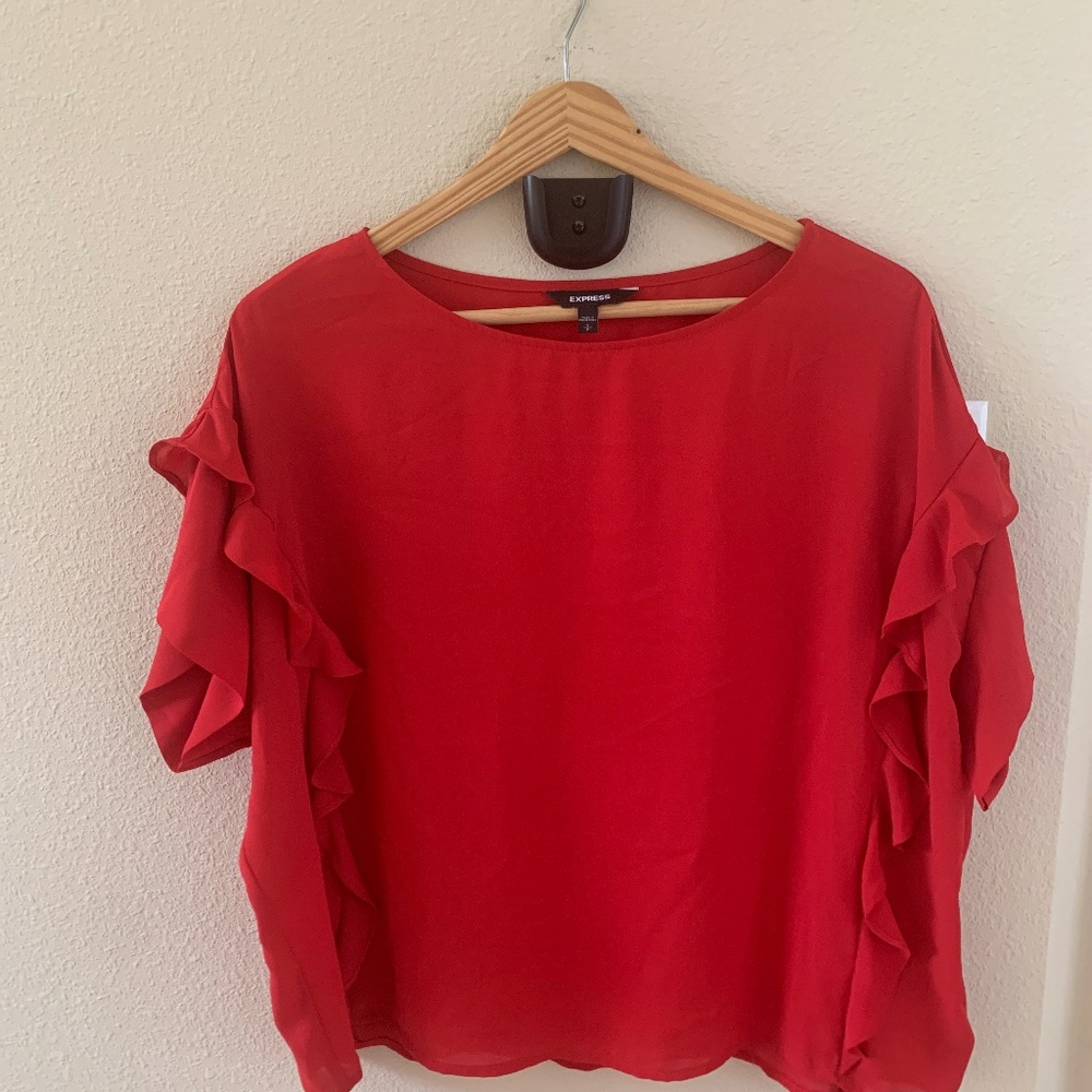 Express Small Petite Cherry Red Ruffle Top